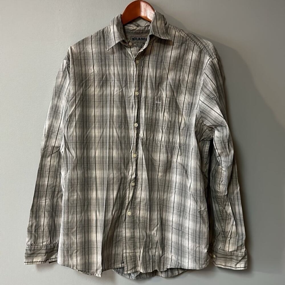 Mens Size L Gray Wrangler Button Shirt Gray and white 100% cotton Great condit